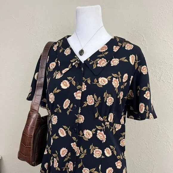 black floral vintage 90s midi dress - Picture 3 of 8